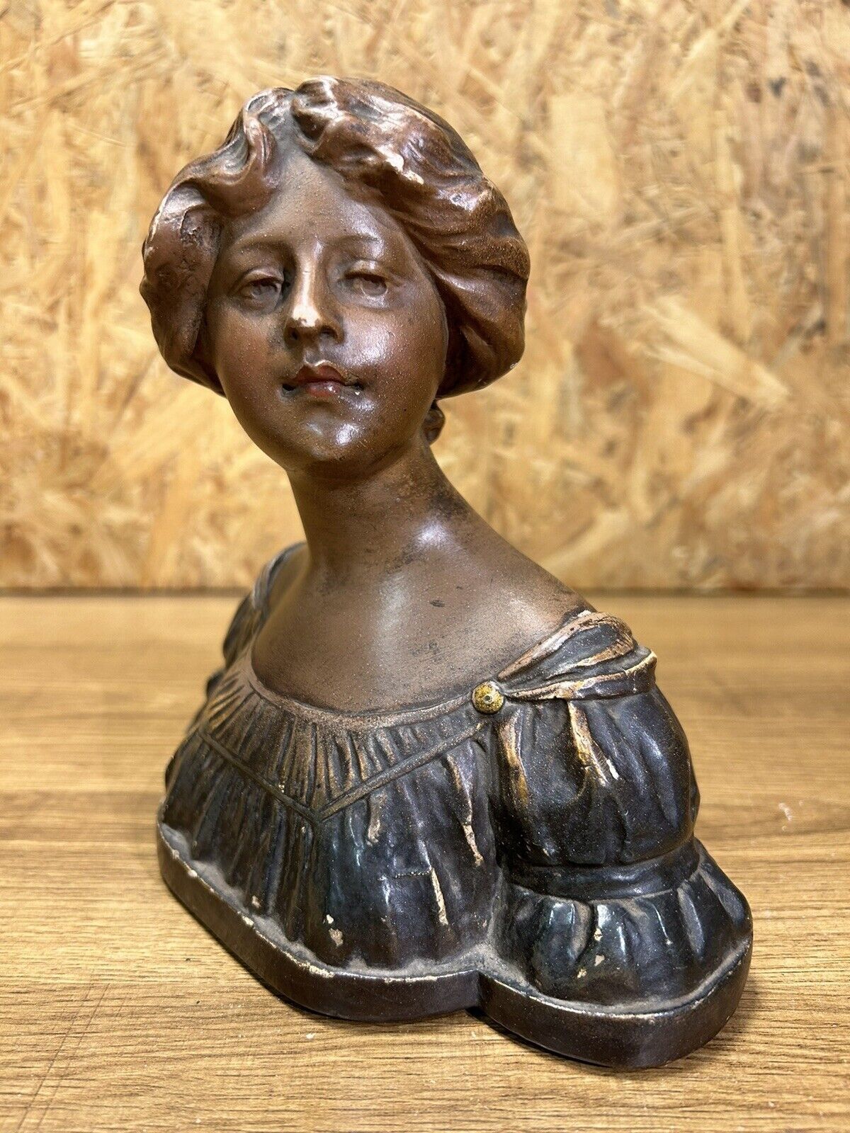 old plaster bust, young art deco woman, patina, signed Gustave Van Vaerenbergh