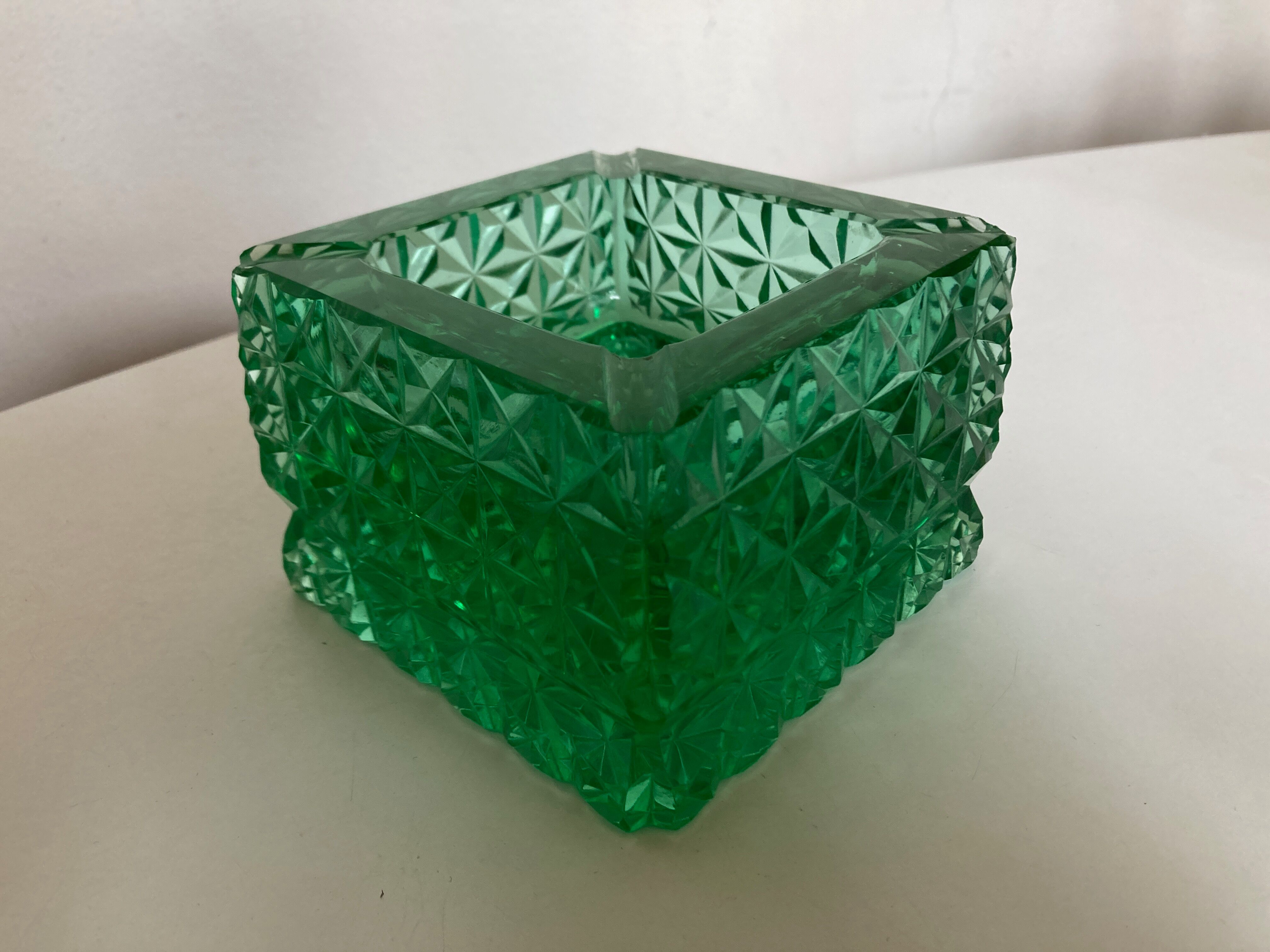 Green diamond cut glass ashtray 1980