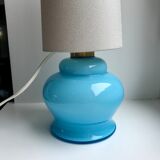 Lamp with blue opaline feet and textured conical lampshade 60s-70s