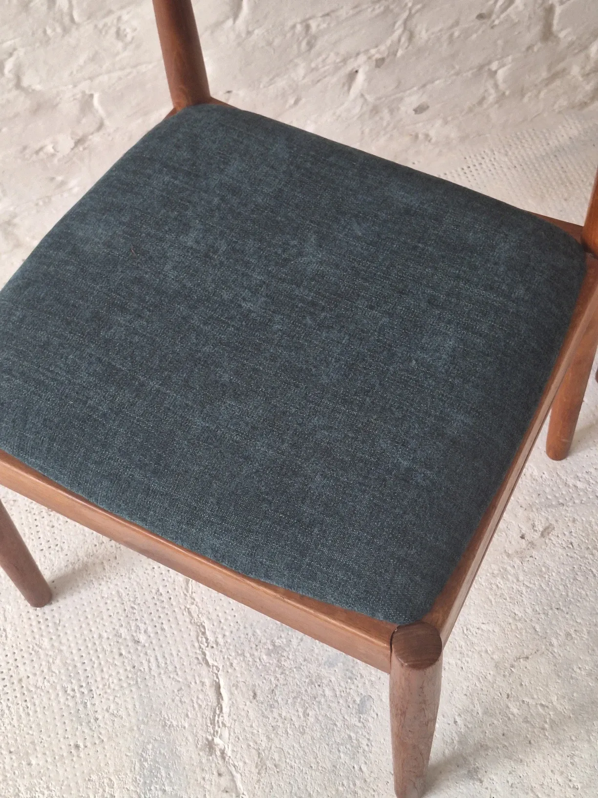 Pair of Henning Kjaernulf teak dining chairs sea blue-green, Denmark 1960s