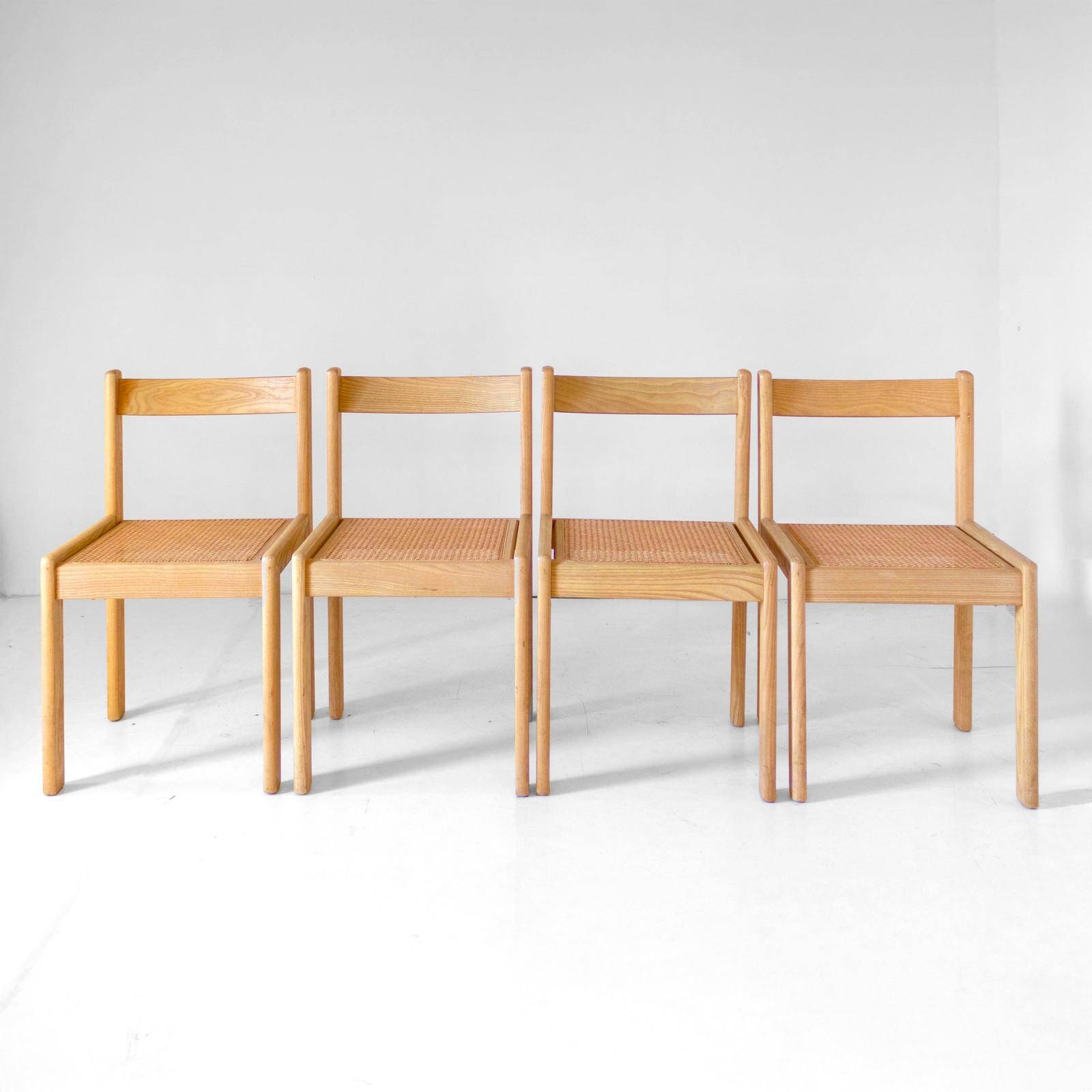 Set of four Italian oak dining chairs with Vienna straw seats, 1970s