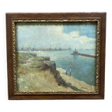 Oil painting of Harwich Docks by Geoffrey French. 1930