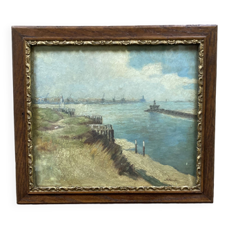 Oil painting of Harwich Docks by Geoffrey French. 1930