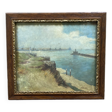 Oil painting of Harwich Docks by Geoffrey French. 1930