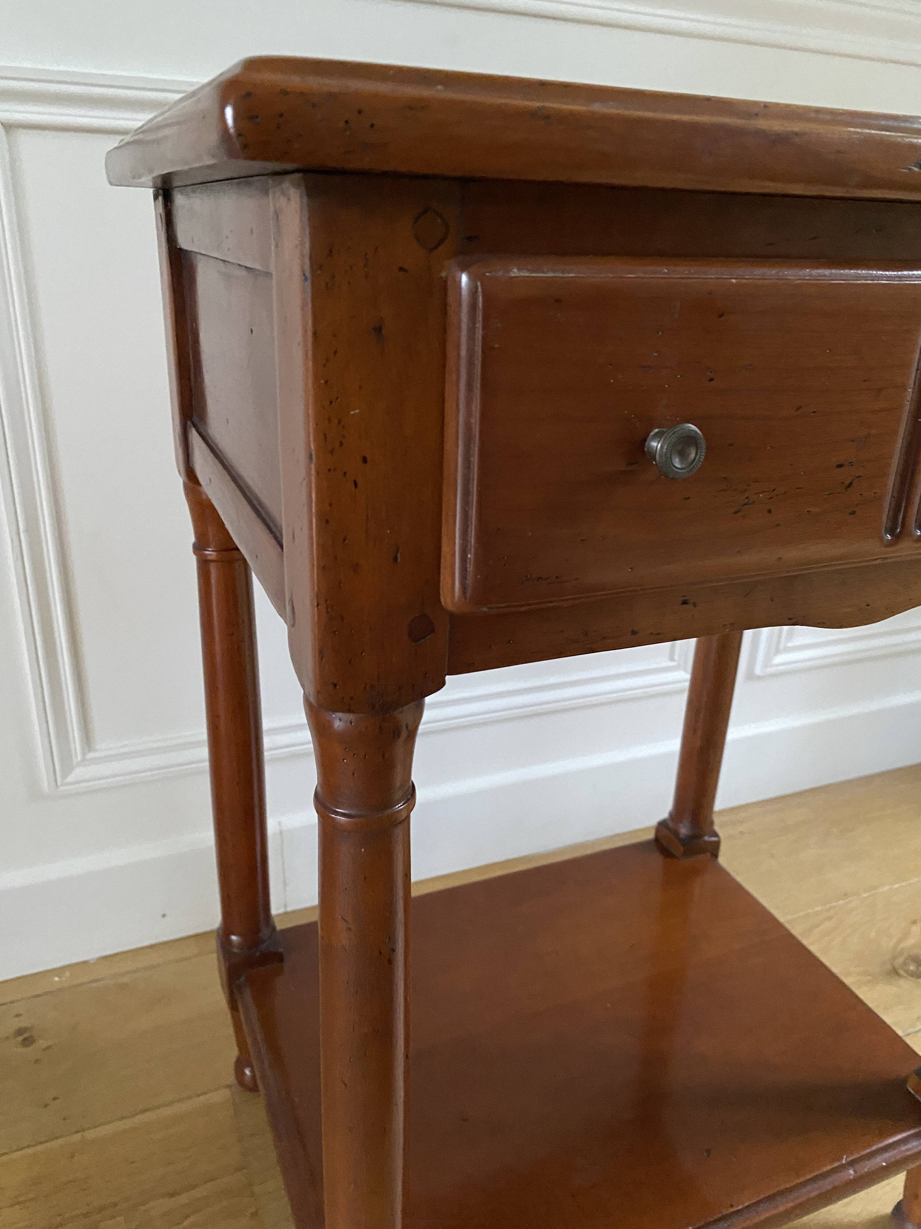 Nightstand, vintage side table with a drawer and a low shelf in solid wood