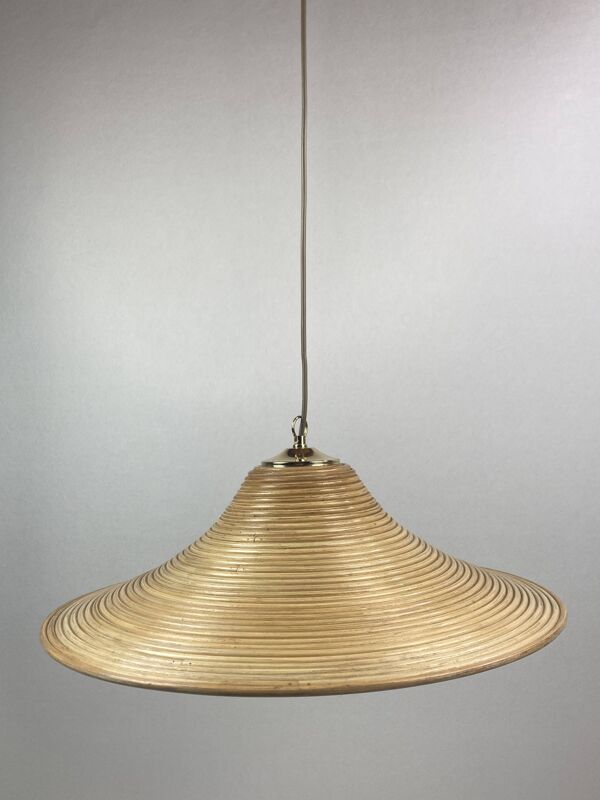 Lampe à suspension Pencil Split Reed, rotin, bambou et laiton, Italie, années 1970