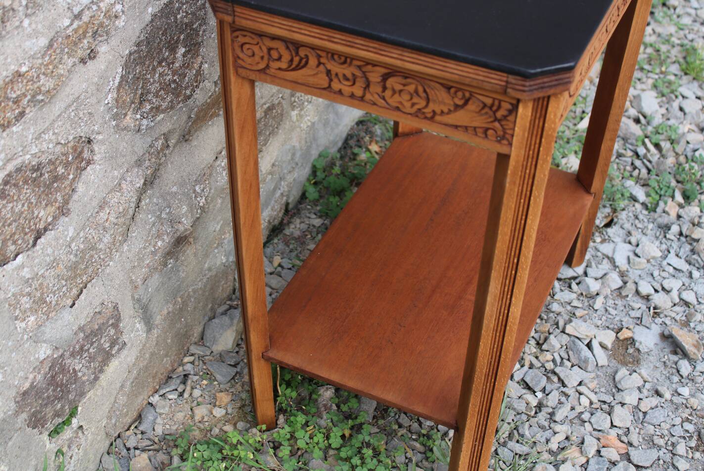 Art deco engraved wood side table