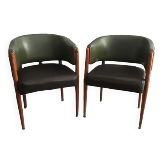 Pair of armchairs in skaï and wood