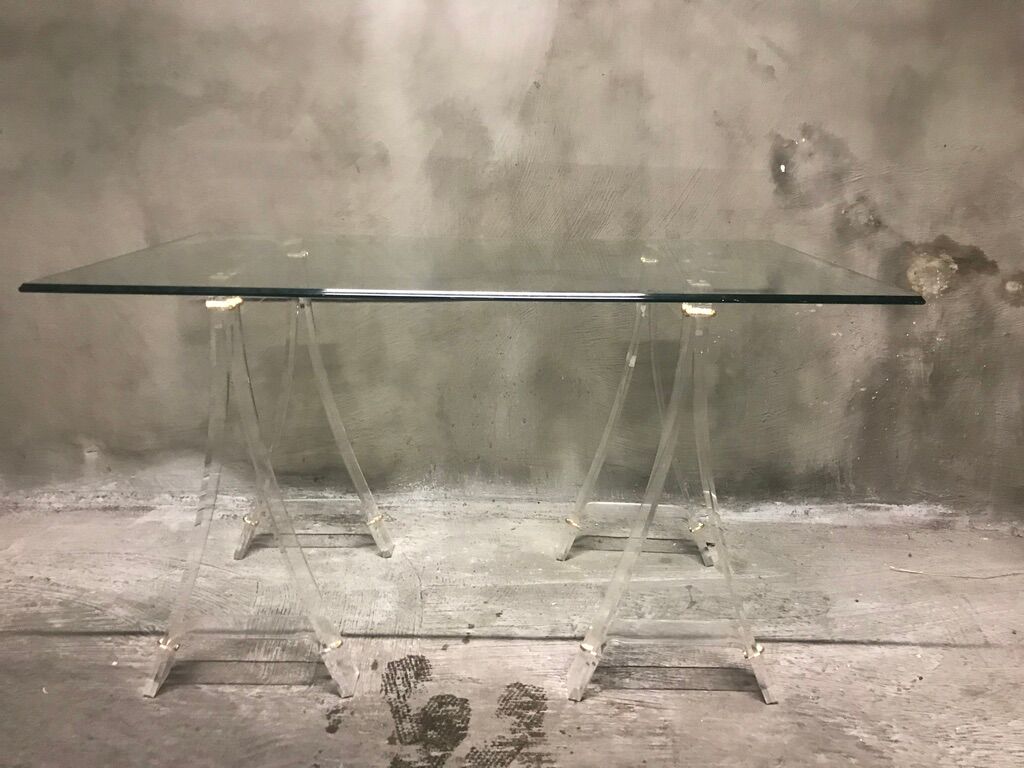 Plexi trestles desk, glass tray. Marais International