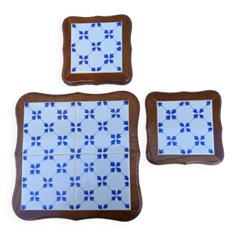 Vintage wood and blue ceramic tile coaster and bottle coaster set