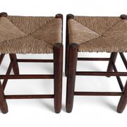 Charlotte Perriand Style, Pair of Rustic Wood and Straw Stools, France, c. 1950s