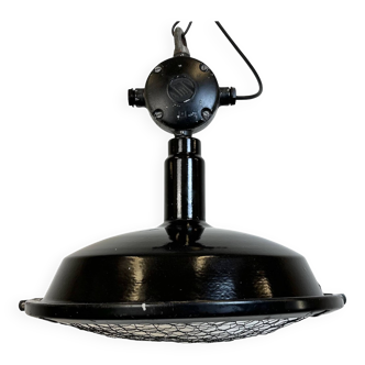 Industrial black enamel factory pendant lamp with protective grid, 1950s