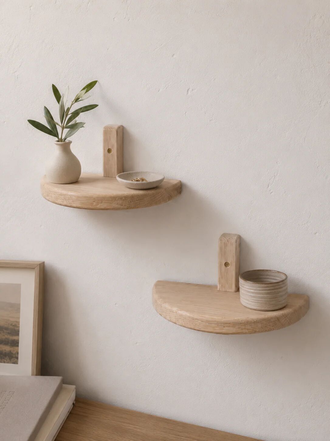 Pair of half-moon wall shelves in solid oak