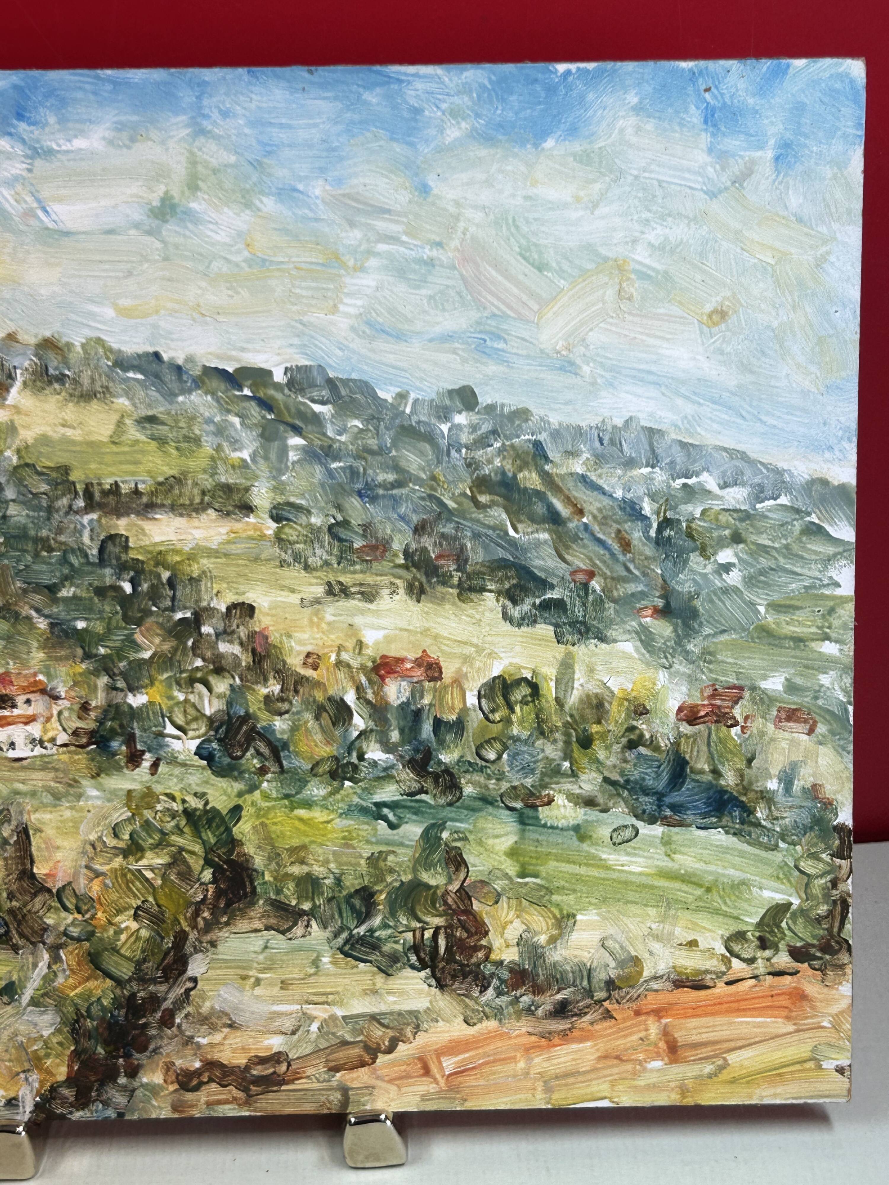 View of a countryside village, oil on hardboard.