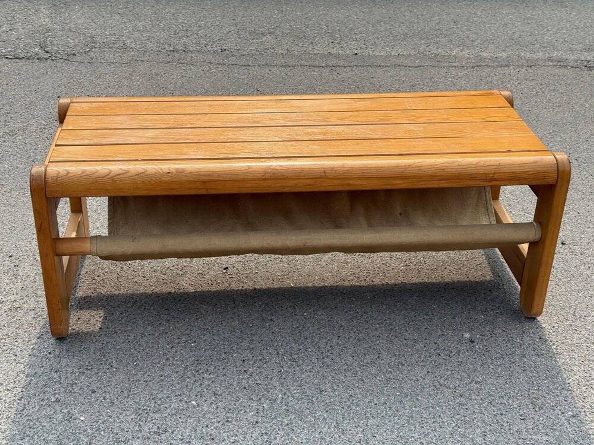 Scandinavian pine bench with canvas storage, 1970s