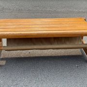 Scandinavian pine bench with canvas storage, 1970s