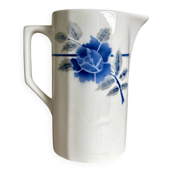 Ancien broc de toilette moulin des loups motif floral bleu