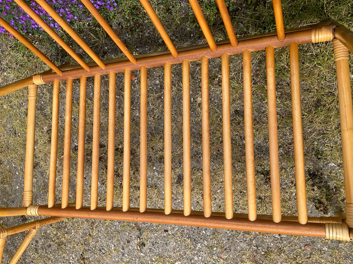 Vintage living room sofa and 2 rattan armchairs.