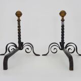 Large pair of wrought iron and brass ball fireplace andirons. 19th century