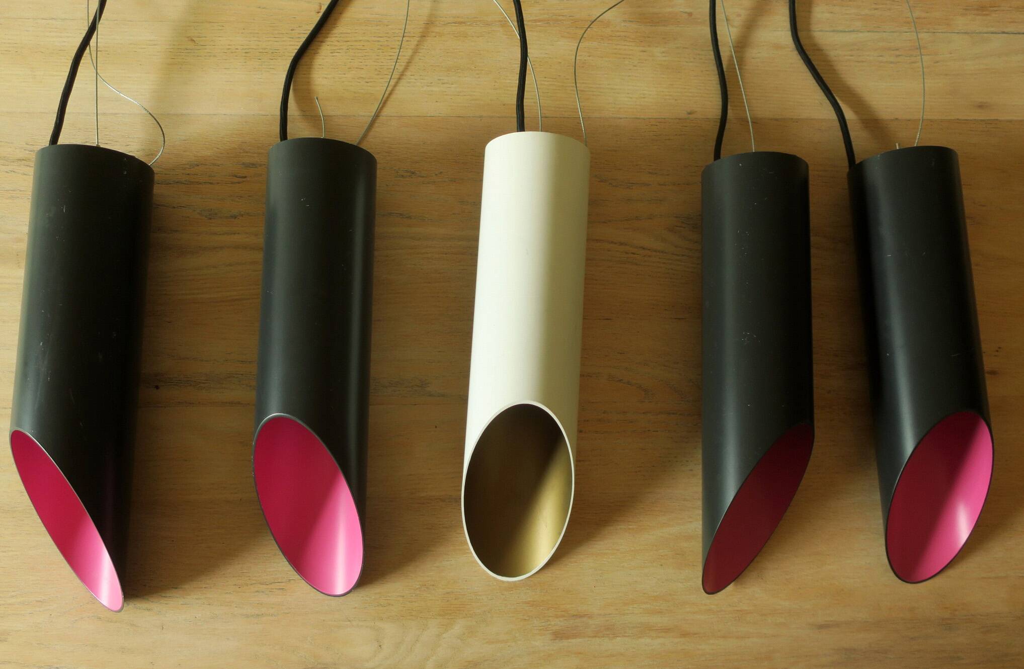 Set of 5 multicoloured cylindrical bar pendant lights, 1970s