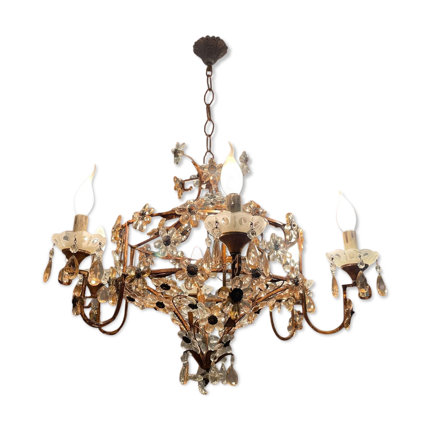 Italian Pink Murano Glass Flower Chandelier, 1950s