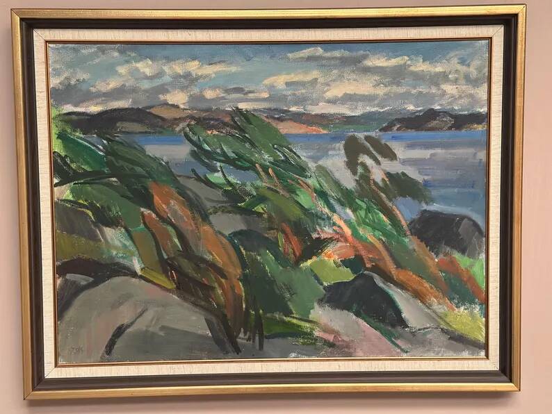 Large original Swedish oil on canvas – "Rocky Shore" – Signed – vintage and framed – 91 × 70 cm (35.8 in × 27.6 in)