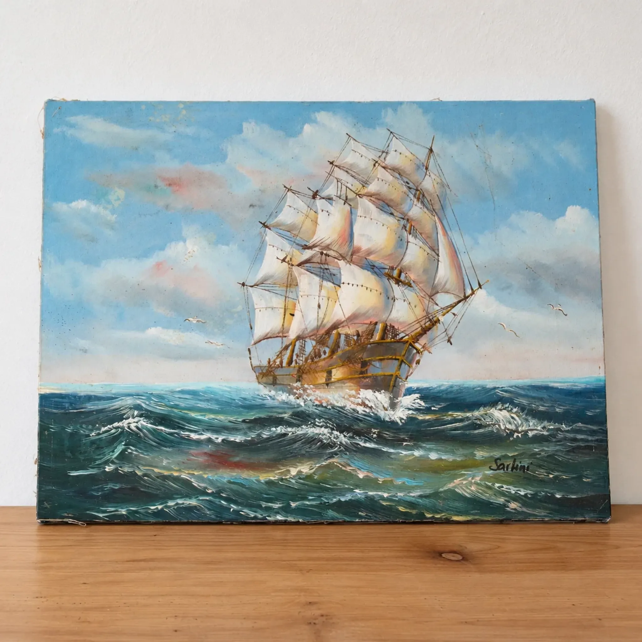 Marine painting on canvas signed "Sartini" – Large sailing ship at sea – 40 × 30 cm