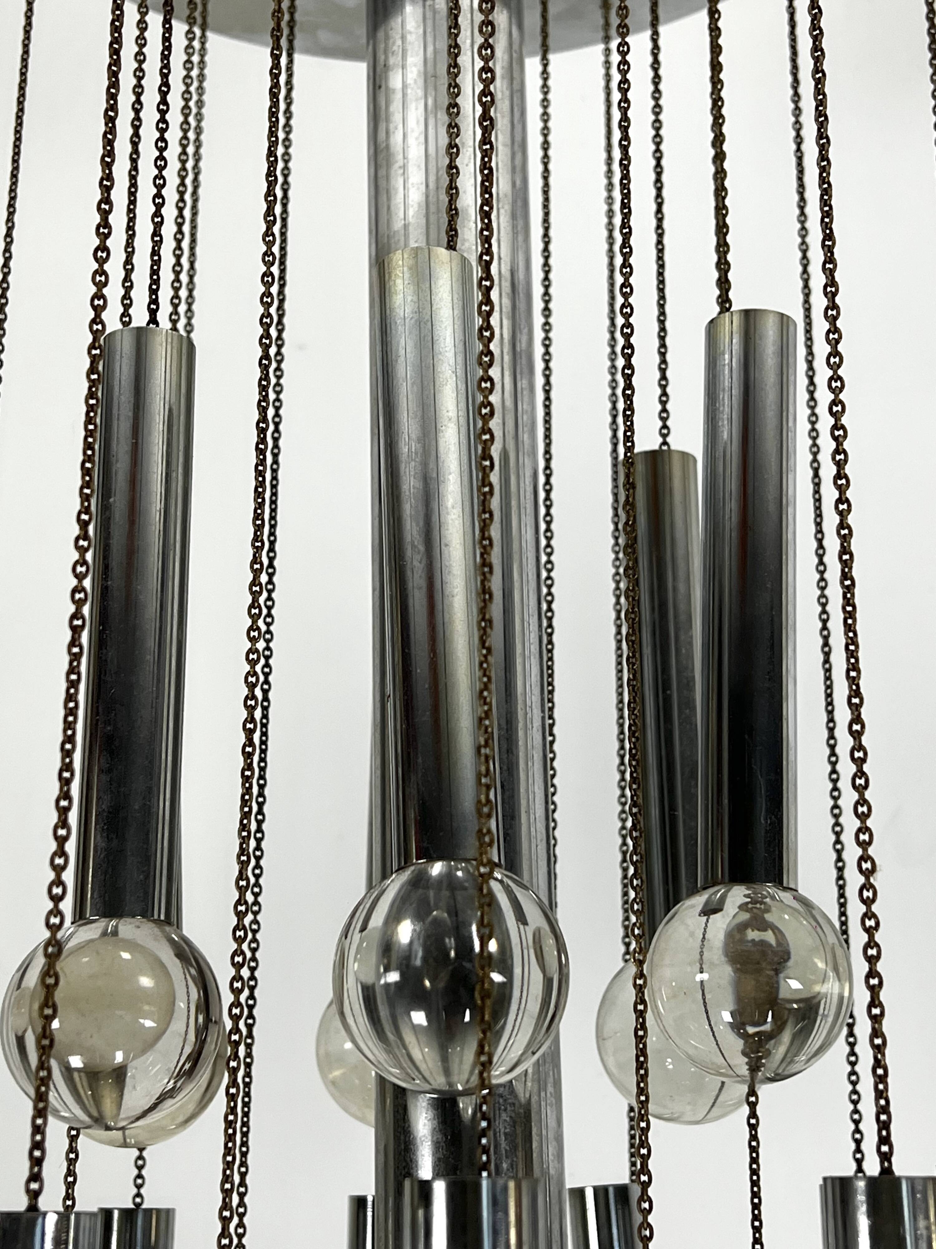 Sciolari, iconic glass sphere and chrome chandelier. Italy 1960s
