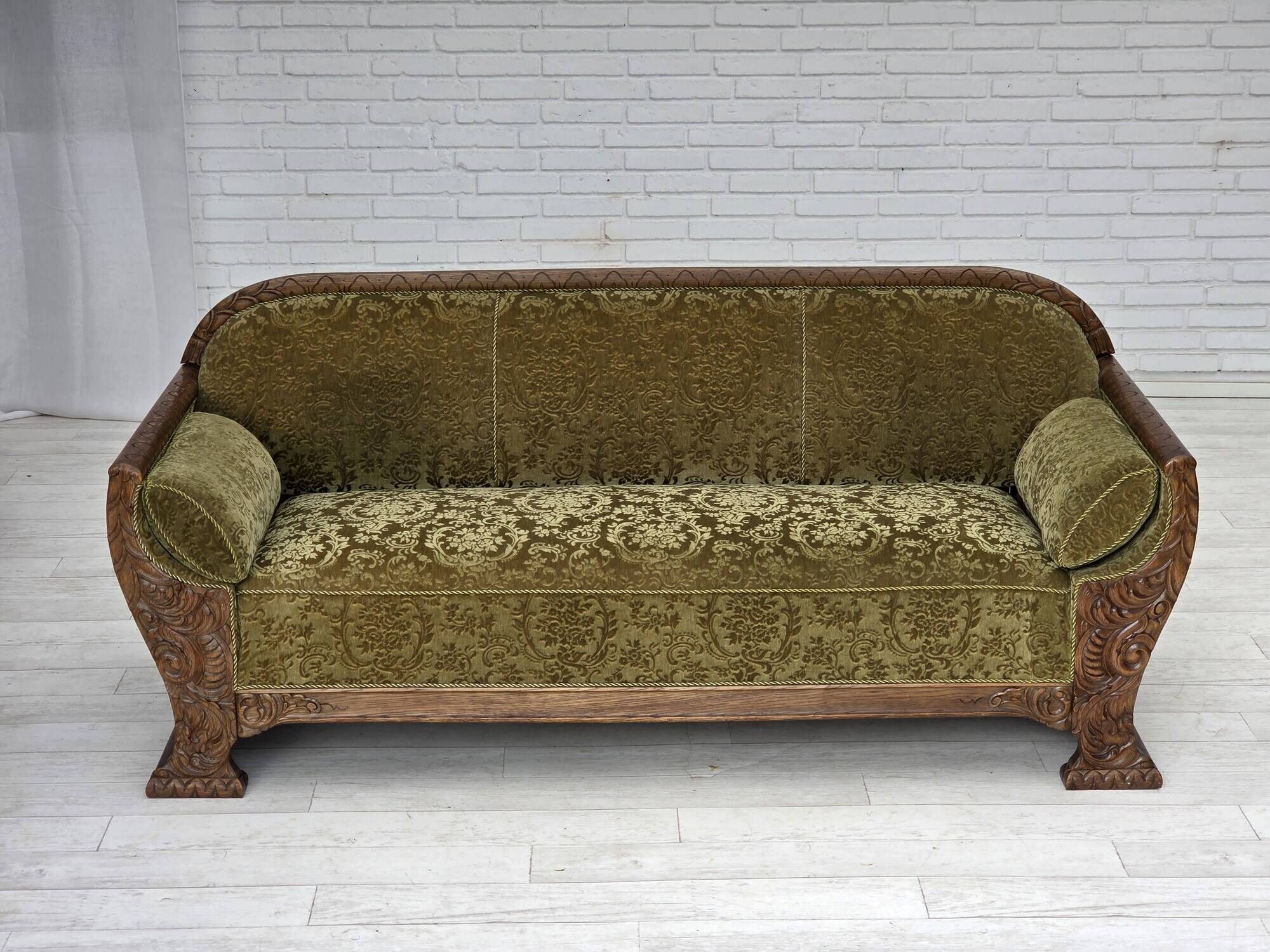 1950s, Danish 3-seater sofa, green furniture velour, oak wood.