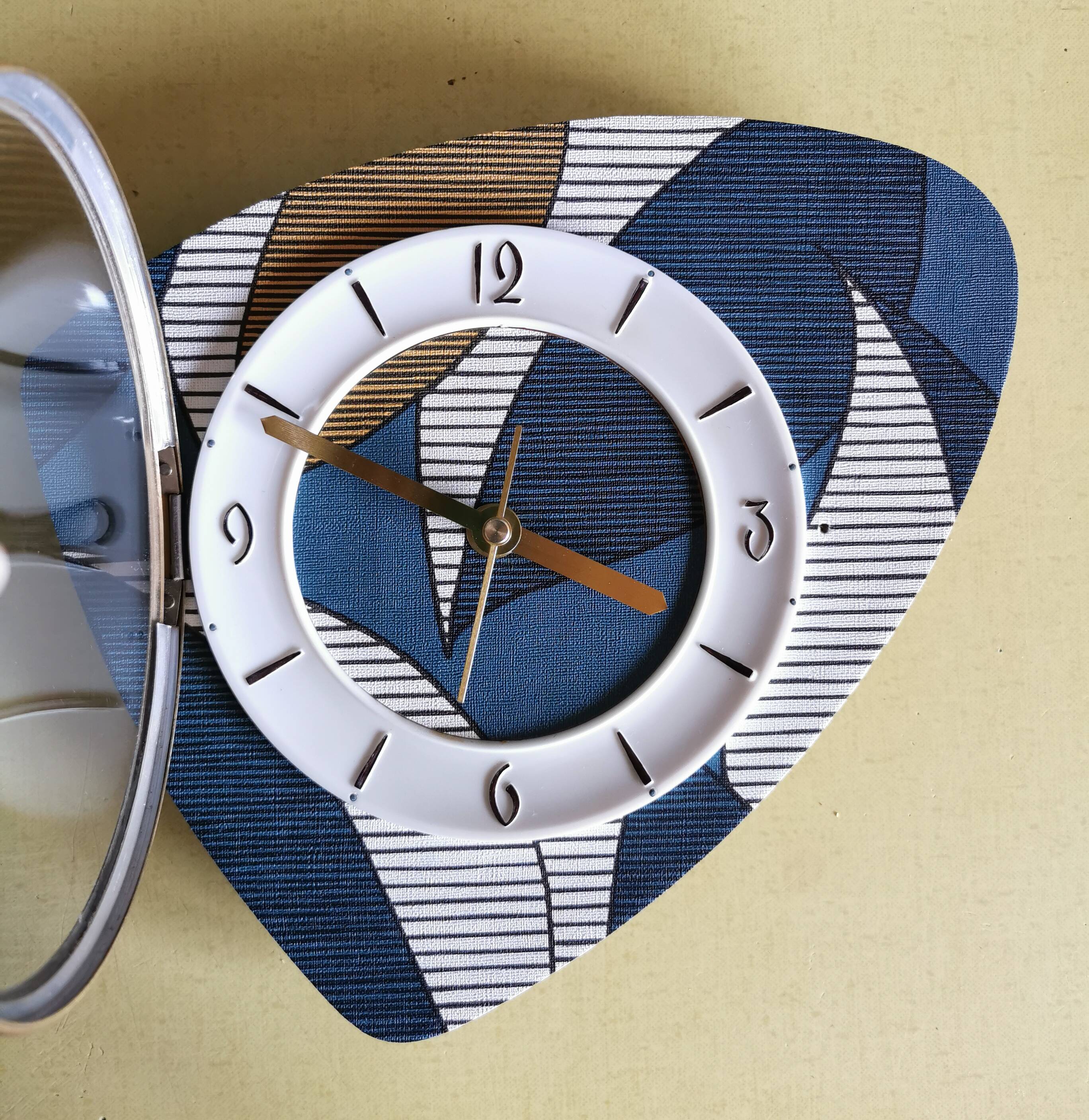 Vintage silent wall pendulum clock from the 60s asymmetrical "Striped blue white ocher"