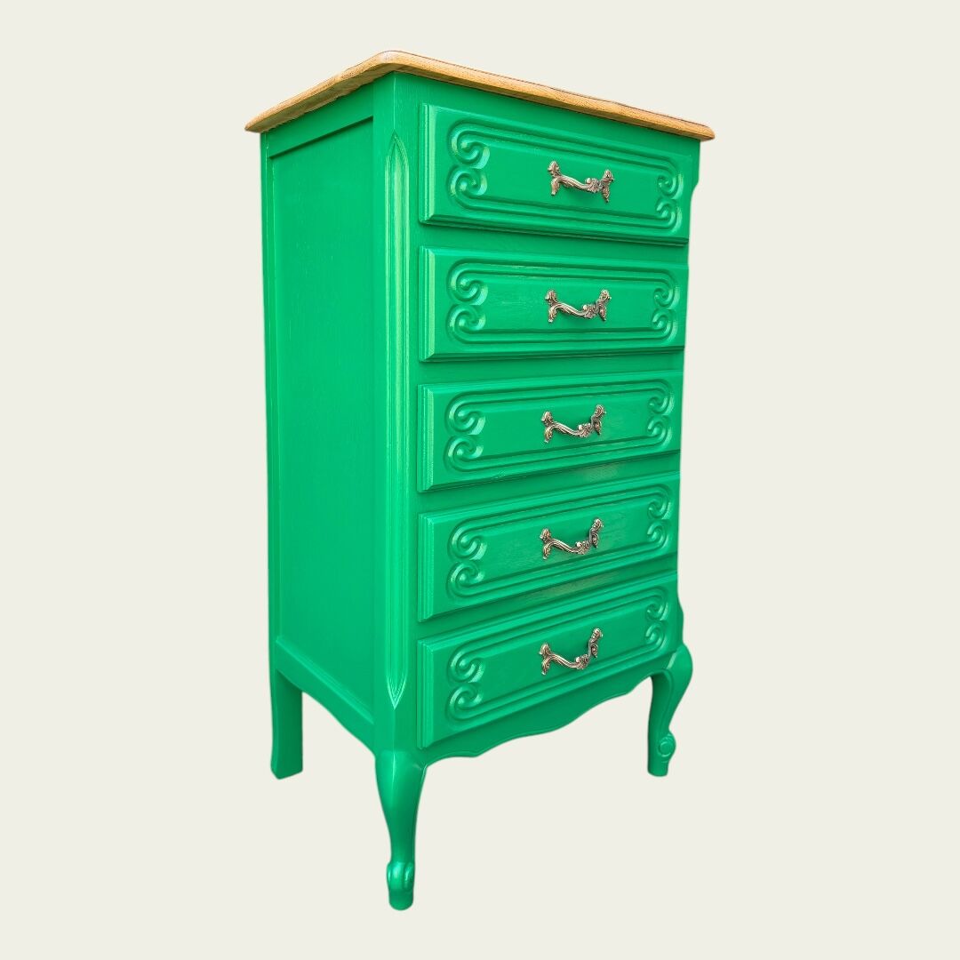 Vintage green oak chest of drawers from the 1960s.