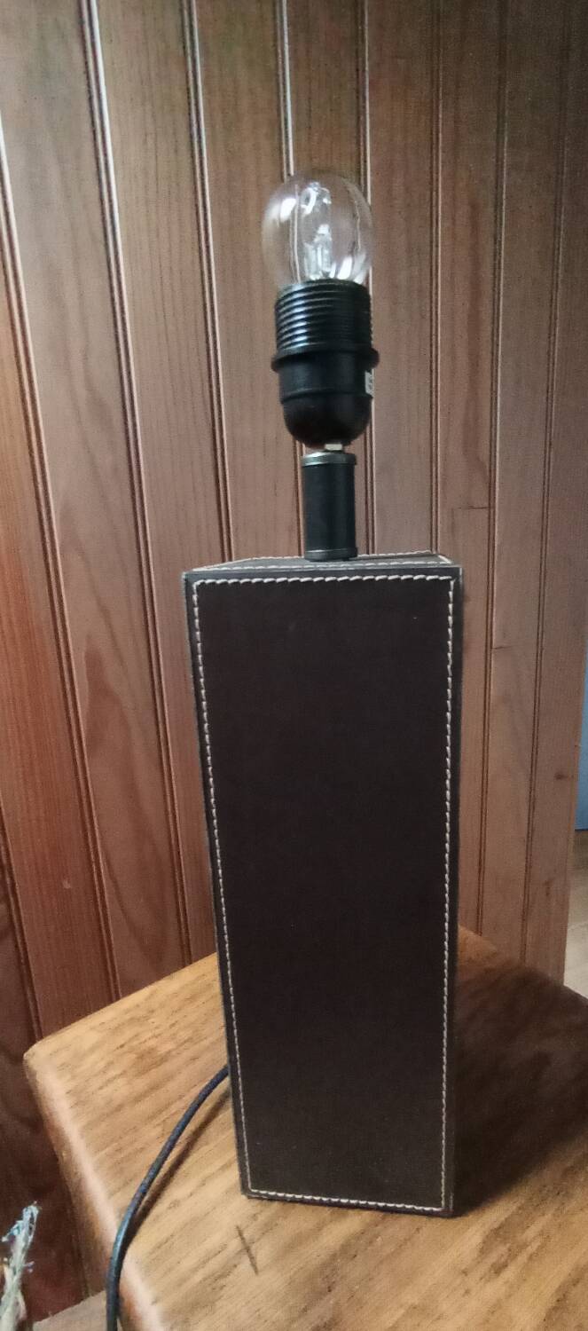 Tall cubic brown leather lamp, light gray fabric lampshade