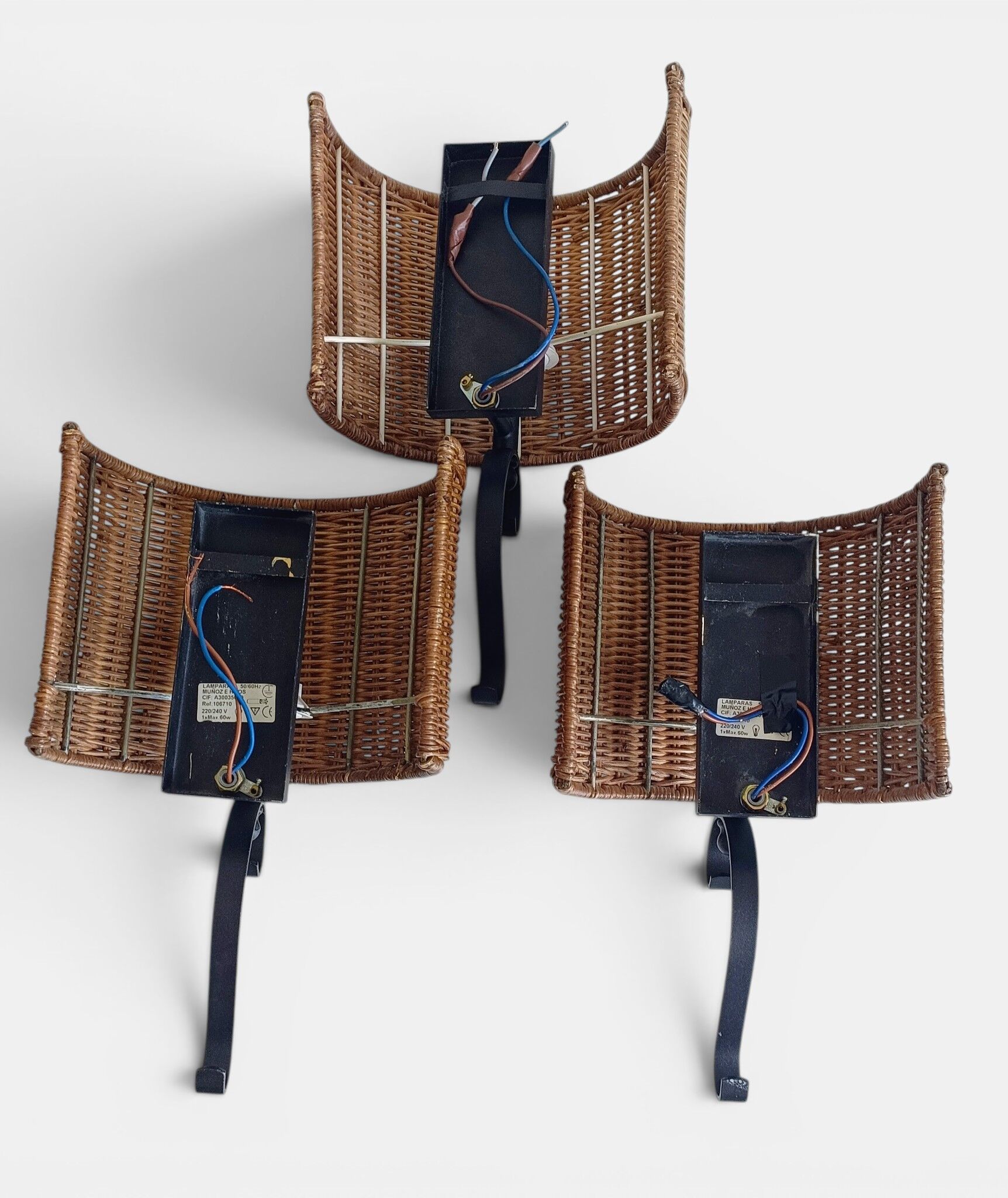 Spanish Mid-Century Wicker And Wrought Iron Wall Sconces, Three Available