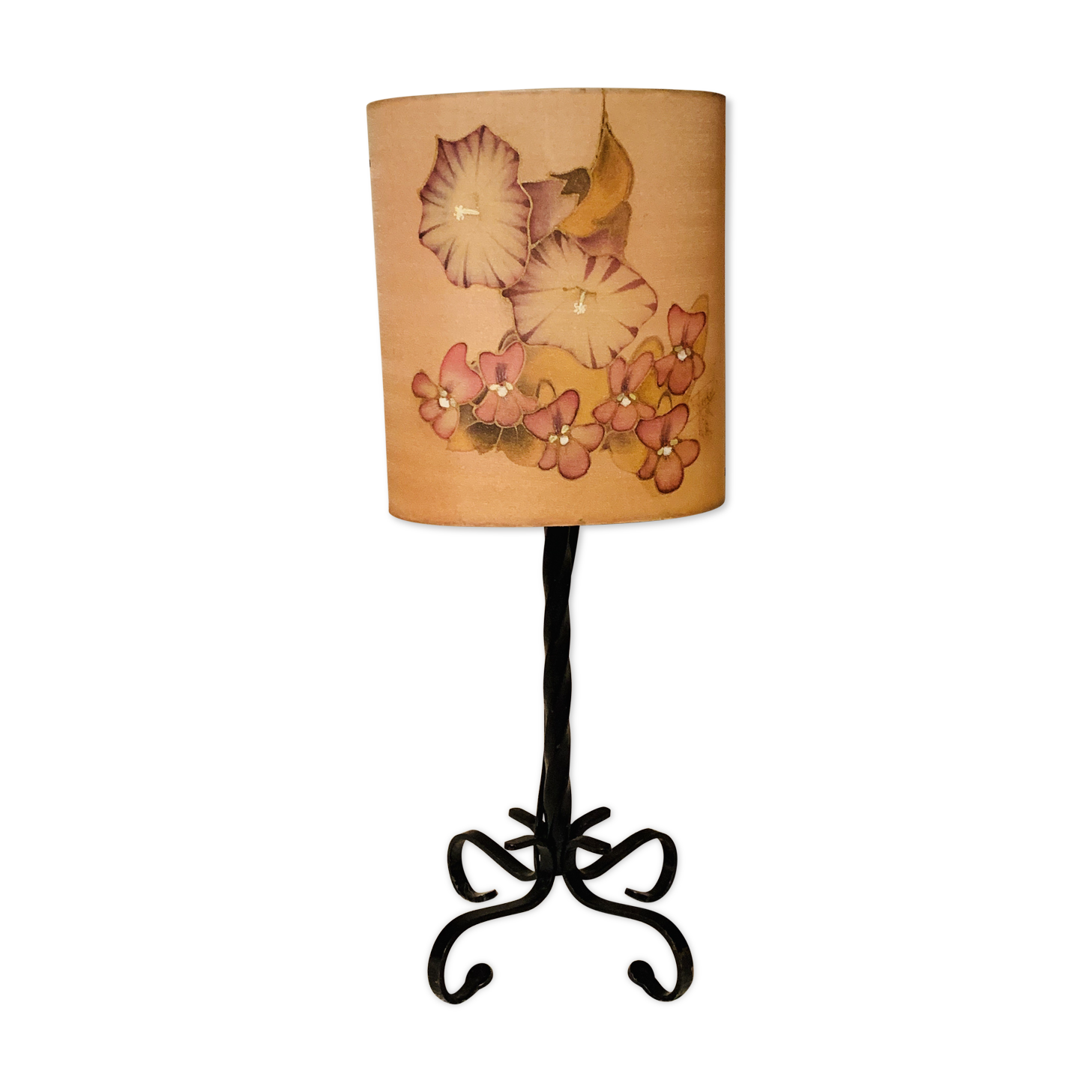 Vintage wrought iron foot lamp and silk dayshade
