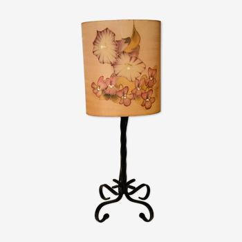 Vintage wrought iron foot lamp and silk dayshade