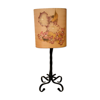 Vintage wrought iron foot lamp and silk dayshade