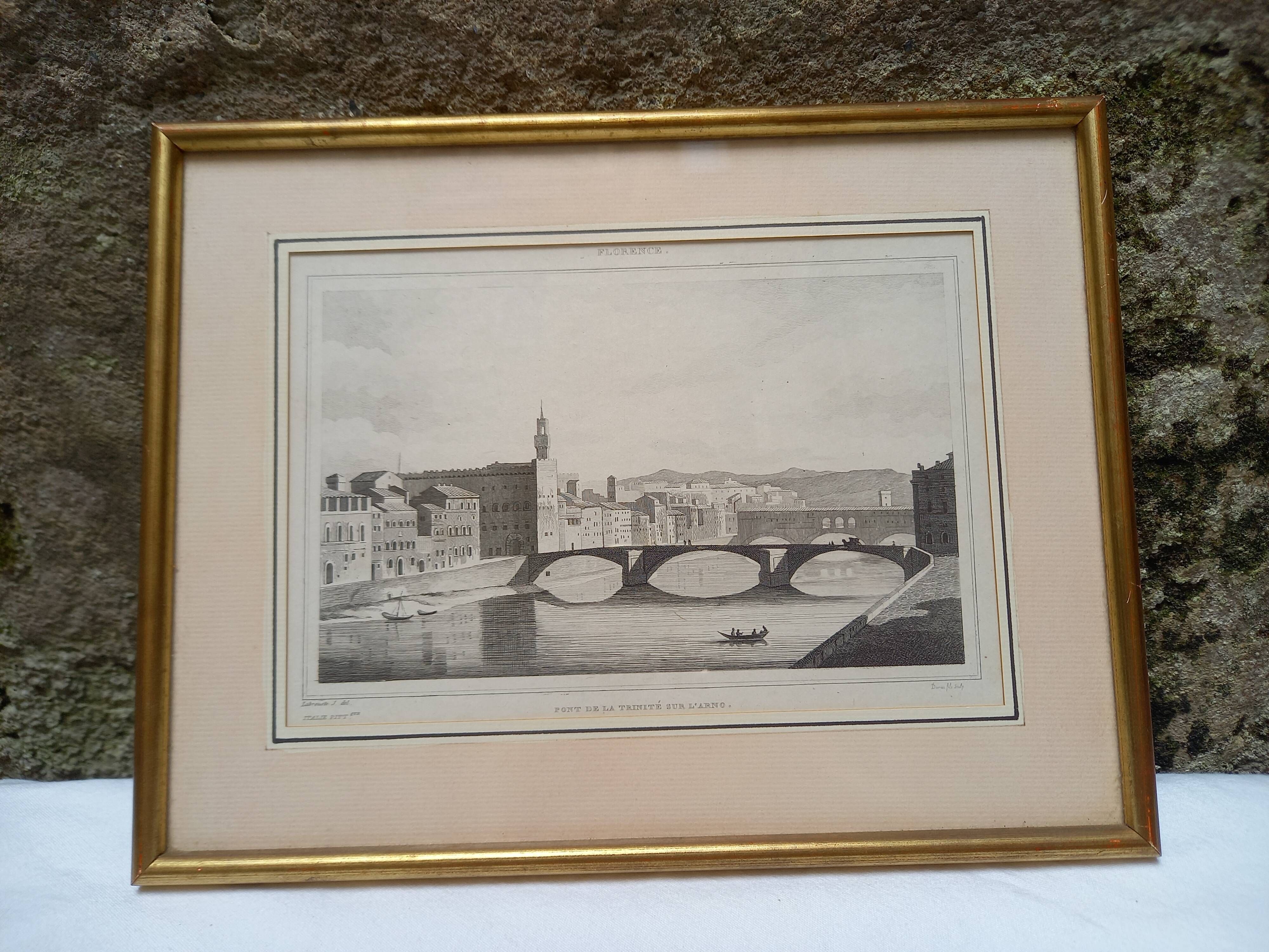 Antique engraving, Italy, Florence, Ponte della Trinità over the Arno