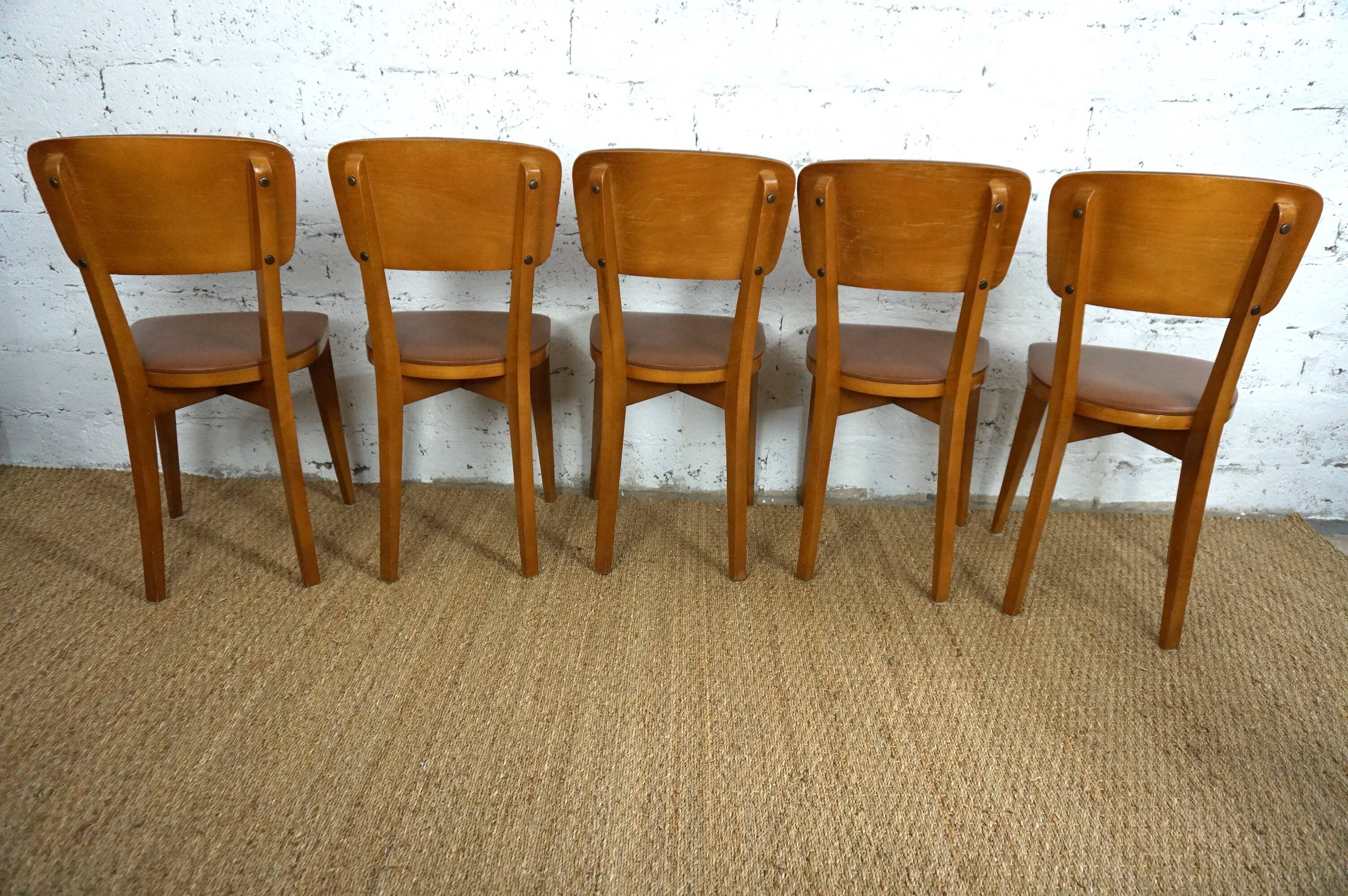 5 1960s Scandinavian style chairs in brown wood and skai, French handcrafted by Raincy