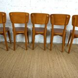 5 1960s Scandinavian style chairs in brown wood and skai, French handcrafted by Raincy