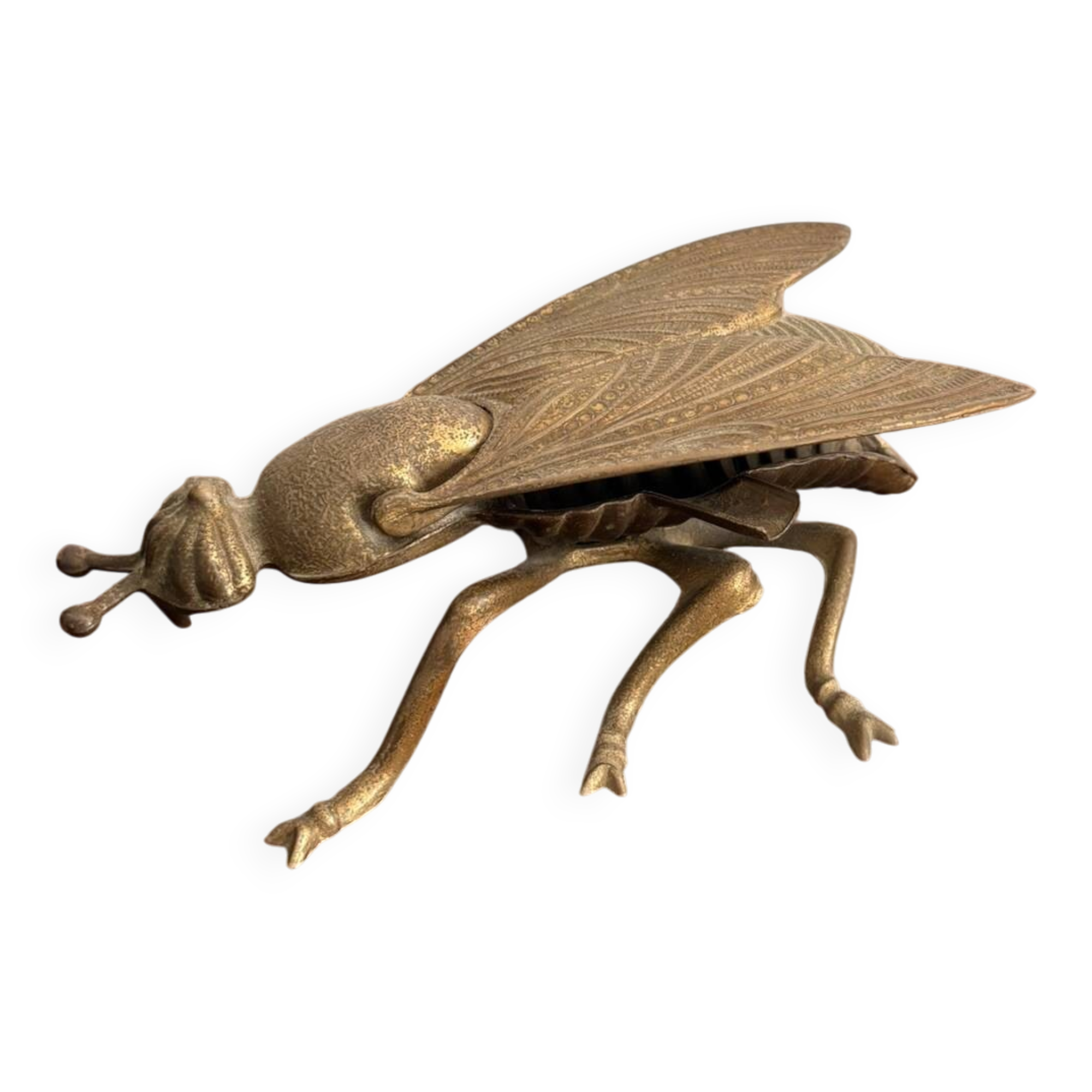 Ashtray Box Fly Cicada Articulated Brass Chiseled Vintage Display Object