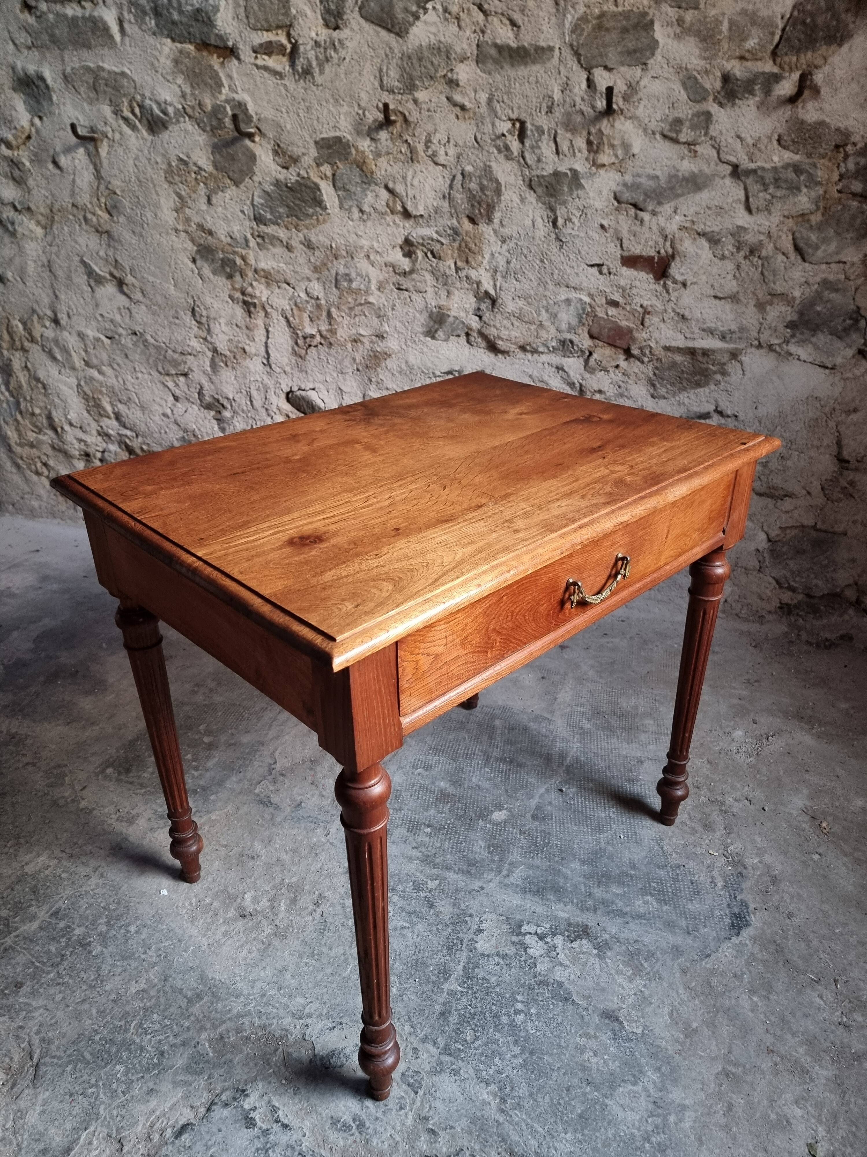 Antique oak writing table with drawer, French side table, console, solid oak desk, circa 1930–1950.