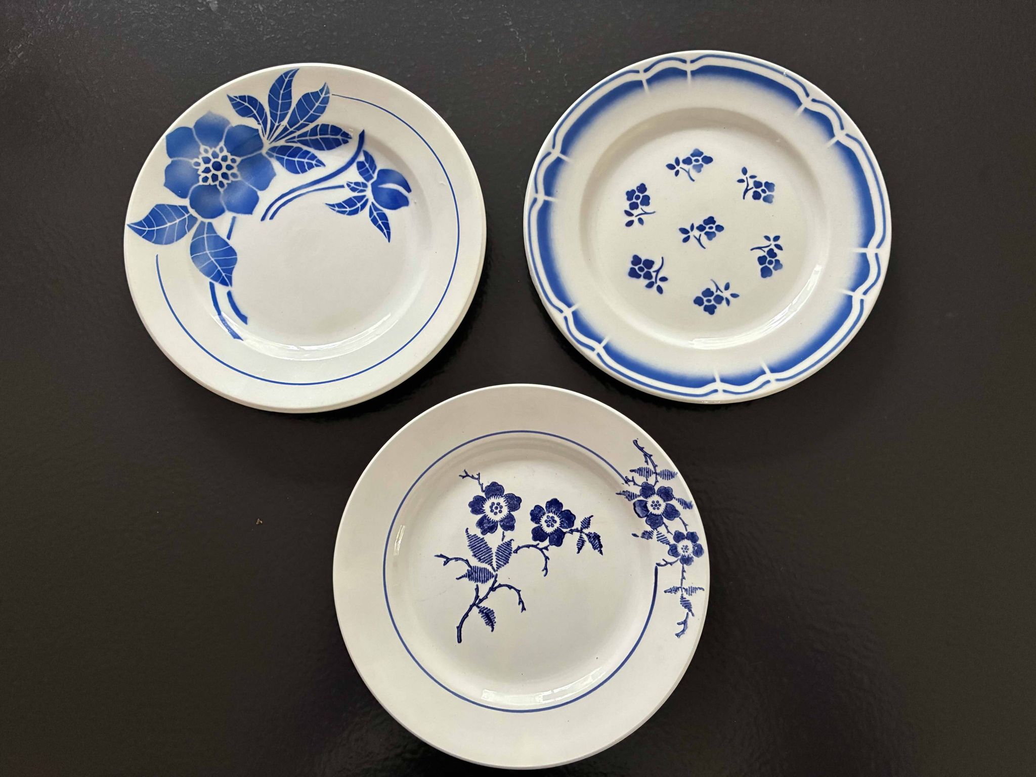 Set of 3 antique blue faience dessert plates.