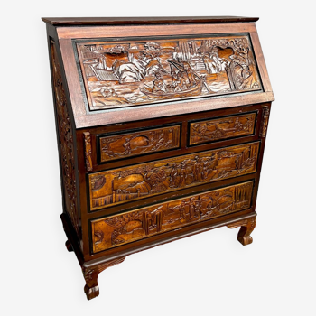 Chinese secretary carved in solid teak wood.