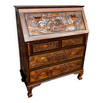 Chinese secretary carved in solid teak wood.