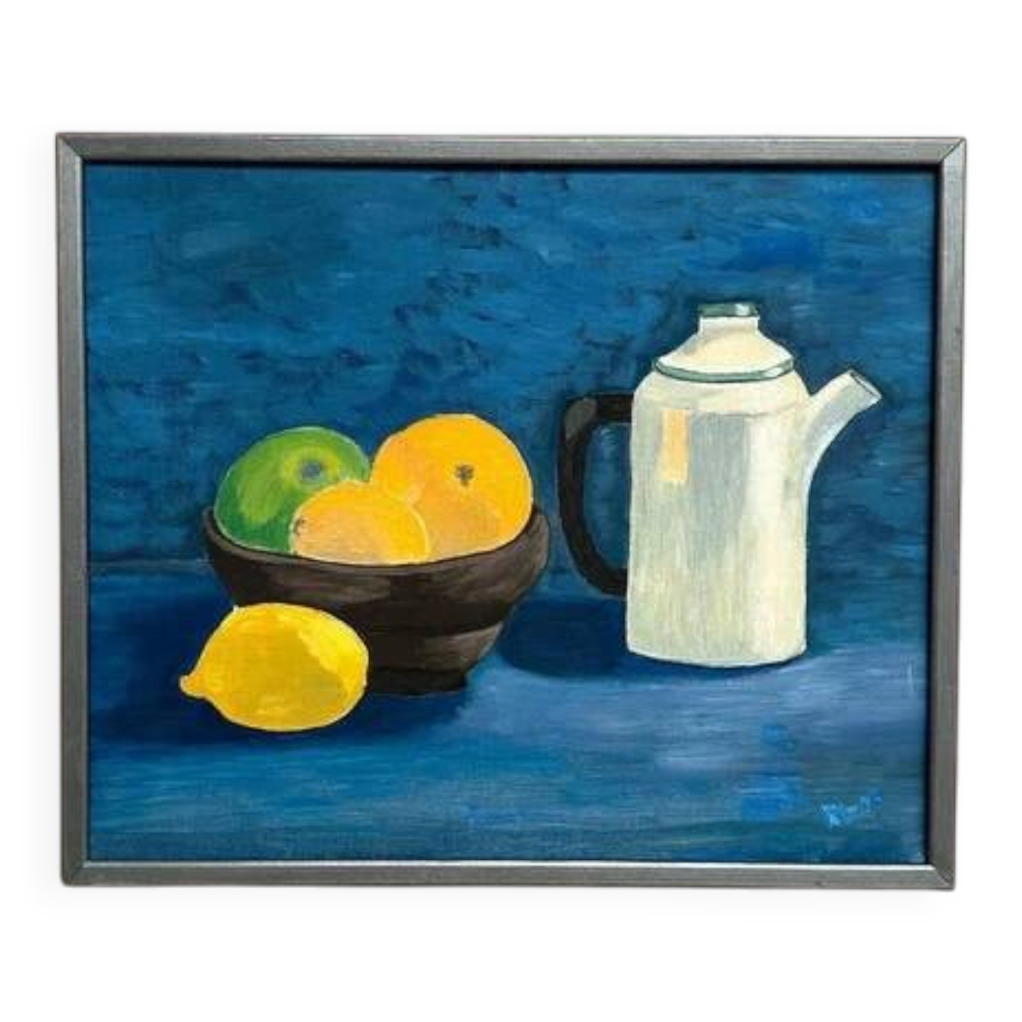 Oil on canvas "Still life with fruits and bottle" by S. Catchings, framed 50×41cm