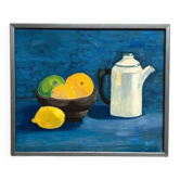 Huile sur toile "Nature morte avec des fruits et une bouteille" par S. Catchings, encadrée 50×41cm