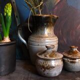 Duo of potter's pots covered in vintage glazed stoneware