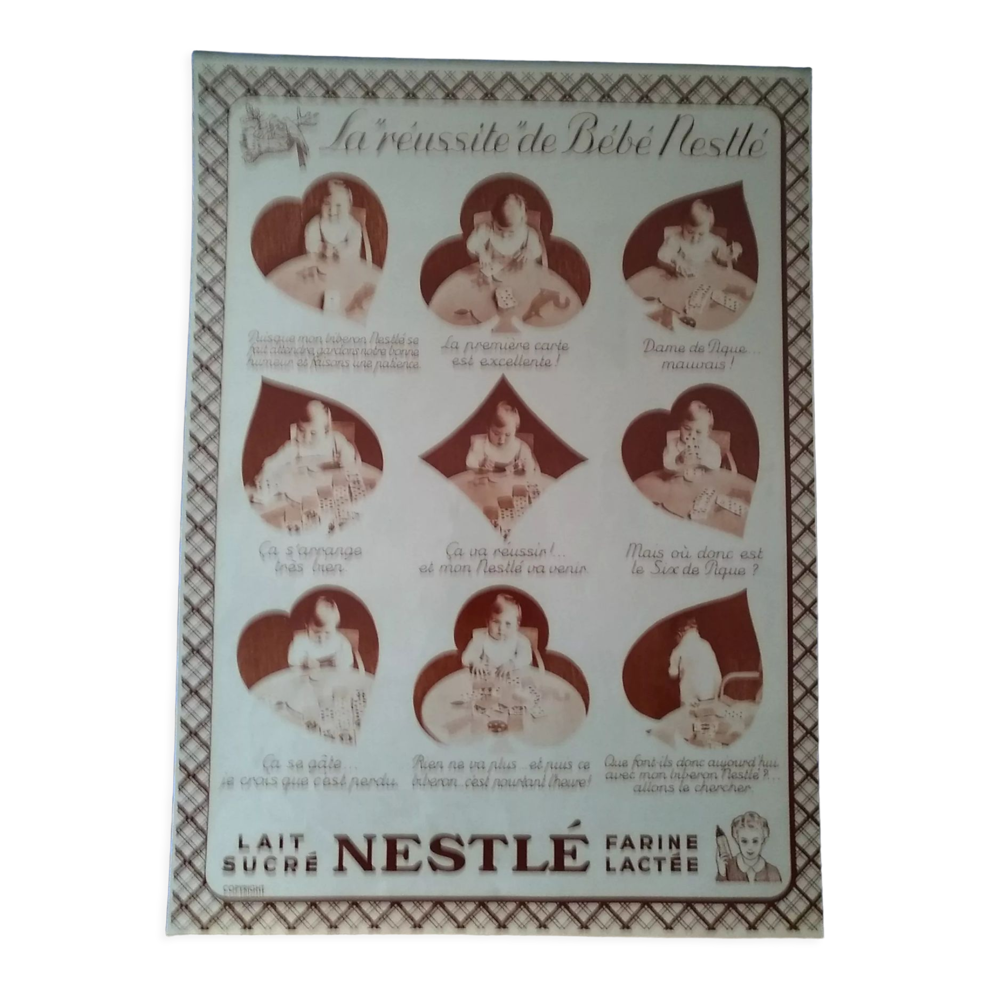Une publicité nestlé double face avec plastification à chaud 80 mignons  issue revue d'époque