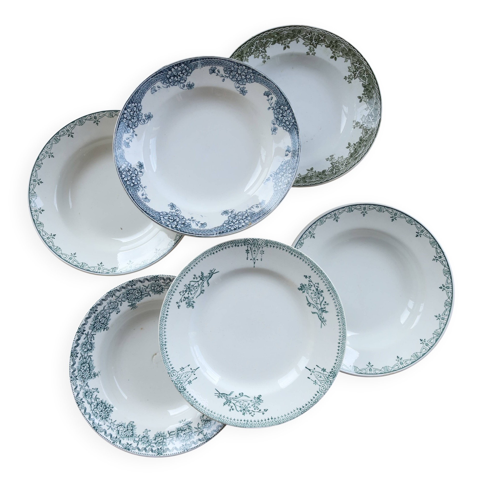 6 vintage ironstone deep plates mismatched - Blue and green tones