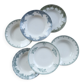 6 vintage ironstone deep plates mismatched - Blue and green tones